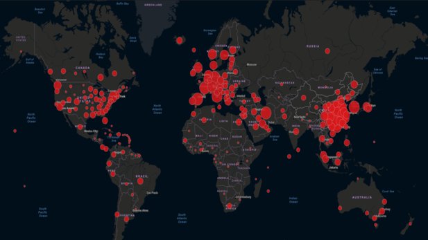 Screenshot of the live map of confirmed coronavirus cases worldwide. (Image source: Johns Hopkins University)